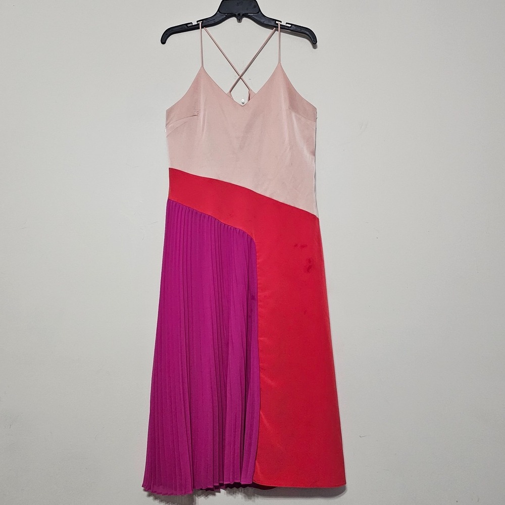 Cushnie Women's Dress 12 Red Burgundy Beige Color Block A-line Pleated 0573